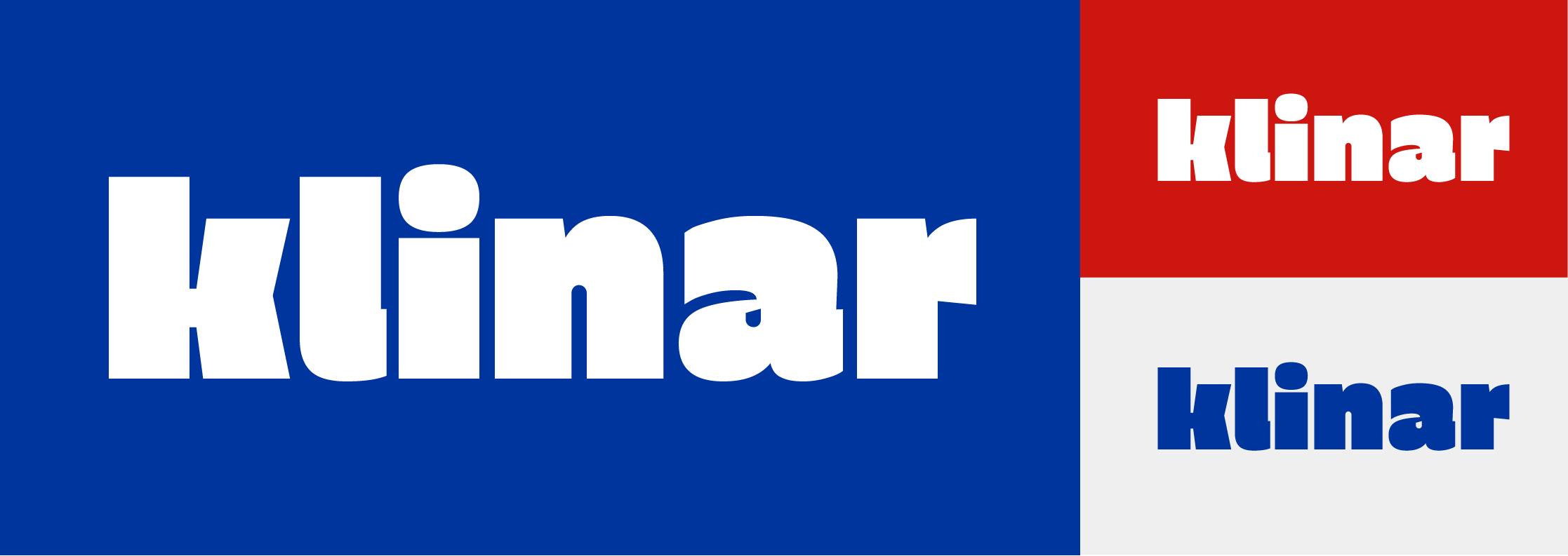 Sistema de logotipo Klinar en azul, rojo y blanco